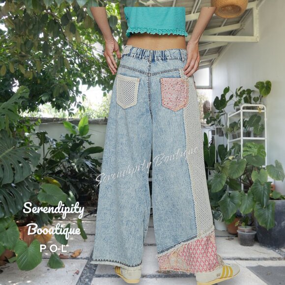 POL Rustic Denim Studded Detail Patchwork Baggy Wide Leg Cotton Blue Jeans - Picture 7 of 10